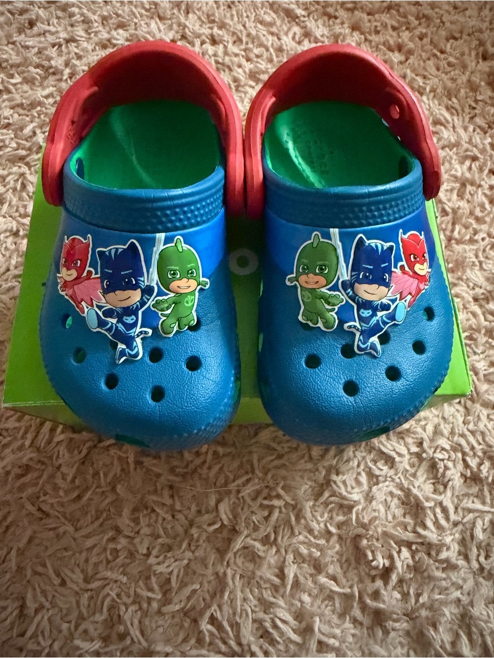 CROCS Kids Blue Clog Sandals with Red Straps and Green Insole